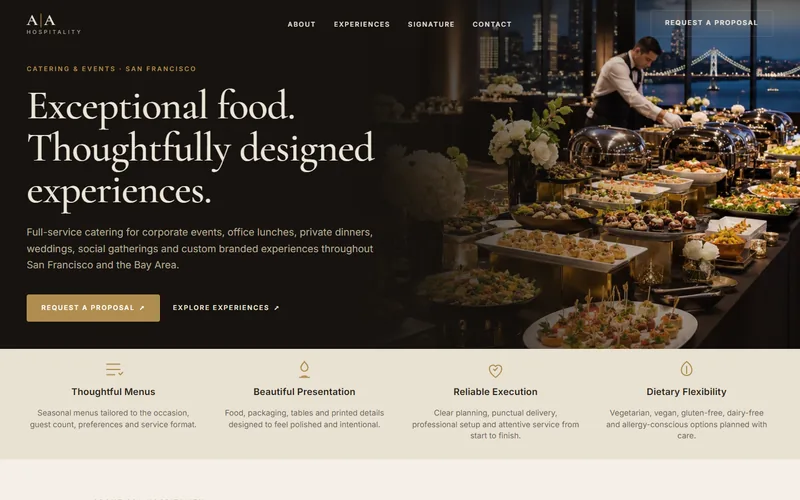 A&A Hospitality homepage on a desktop screen: “Exceptional food. Thoughtfully designed experiences.” over a catered buffet, with a Request a Proposal button