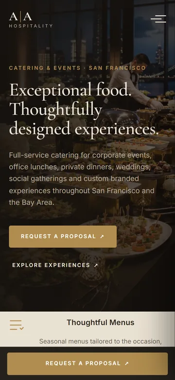 A&A Hospitality’s website on a phone, with Request a Proposal and Explore Experiences buttons