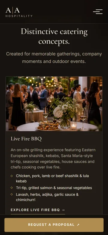 A&A Hospitality’s Live Fire BBQ experience on a phone, with an evening event photo and menu highlights