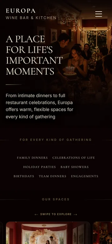 Café Europa’s private events page on a phone, listing the gatherings the restaurant hosts