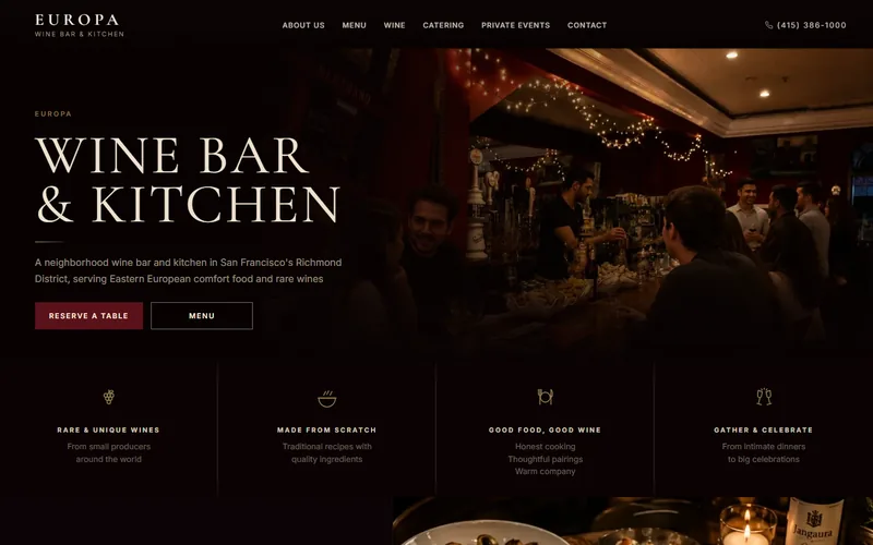 Café Europa homepage on a desktop screen: a “Wine Bar & Kitchen” headline over a candlelit bar, with Reserve a Table and Menu buttons
