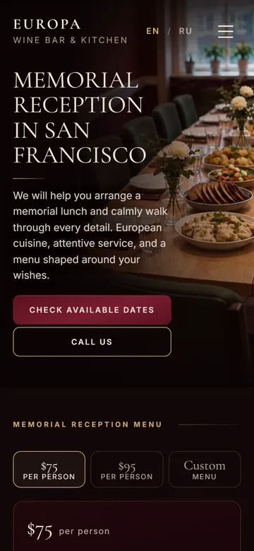 Café Europa’s memorial reception page on a phone, with Check Available Dates and Call Us buttons